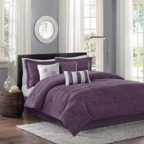 Madison Park Hampton Luxe Comforter Set-Modern Stitching Design All Season Down Alternative Cozy Bedding with Matching Shams, Decorative Pillow, Queen (90 in x 90 in), Plum 7 Piece