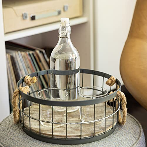 Stonebriar 2pc Round Stackable Metal Wire and Wood Basket Set with Rope Handles, Rustic Decor for Home Storage, Decorative Serving Baskets for Weddings, Birthdays, and Holiday Parties