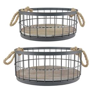 stonebriar 2pc round stackable metal wire and wood basket set with rope handles, rustic decor for home storage, decorative serving baskets for weddings, birthdays, and holiday parties