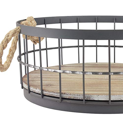 Stonebriar 2pc Round Stackable Metal Wire and Wood Basket Set with Rope Handles, Rustic Decor for Home Storage, Decorative Serving Baskets for Weddings, Birthdays, and Holiday Parties