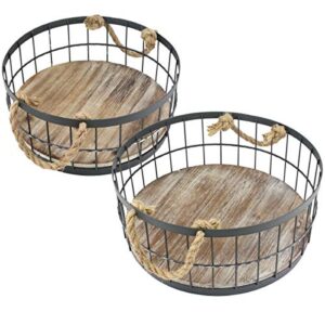 Stonebriar 2pc Round Stackable Metal Wire and Wood Basket Set with Rope Handles, Rustic Decor for Home Storage, Decorative Serving Baskets for Weddings, Birthdays, and Holiday Parties