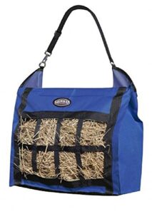 showman nylon slow feed hay tote bag heavy duty and durable easy to fill and carry (royal blue)