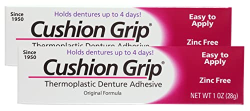 Cushion Grip Thermoplastic Denture Adhesive, 1 oz (Pack of 2) - Refit and Tighten Loose and Uncomfortable Denture [Not A Glue Adhesive, Acts Like A Soft Reline for Denture]