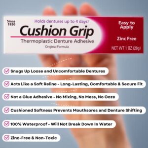 Cushion Grip Thermoplastic Denture Adhesive, 1 oz (Pack of 2) - Refit and Tighten Loose and Uncomfortable Denture [Not A Glue Adhesive, Acts Like A Soft Reline for Denture]