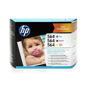 hp 564 | 3 ink cartridges with assorted photo paper | cyan, magenta, yellow | works with hp deskjet 3500 series, hp officejet 4600 5500 c6300 6500 7500 series, b8550, d7560, c510, b209, b210, c309, c310, c410, c510 | cb318wn, cb319wn, cb320wn
