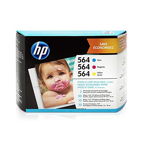 HP 564 | 3 Ink Cartridges with Assorted Photo Paper | Cyan, Magenta, Yellow | Works with HP DeskJet 3500 Series, HP OfficeJet 4600 5500 C6300 6500 7500 Series, B8550, D7560, C510, B209, B210, C309, C310, C410, C510 | CB318WN, CB319WN, CB320WN