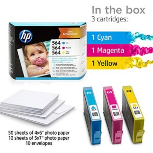 HP 564 | 3 Ink Cartridges with Assorted Photo Paper | Cyan, Magenta, Yellow | Works with HP DeskJet 3500 Series, HP OfficeJet 4600 5500 C6300 6500 7500 Series, B8550, D7560, C510, B209, B210, C309, C310, C410, C510 | CB318WN, CB319WN, CB320WN