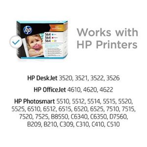 HP 564 | 3 Ink Cartridges with Assorted Photo Paper | Cyan, Magenta, Yellow | Works with HP DeskJet 3500 Series, HP OfficeJet 4600 5500 C6300 6500 7500 Series, B8550, D7560, C510, B209, B210, C309, C310, C410, C510 | CB318WN, CB319WN, CB320WN
