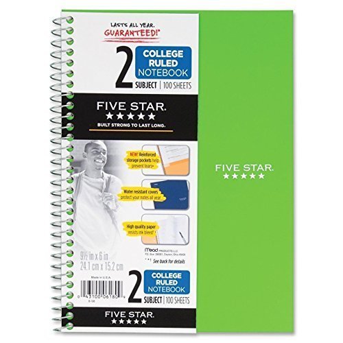 Mead Five Star Spiral Notebook, 2 Subject, 6" x 9.5", 100 Sheets, 3 Pack, Assorted Colors (6180)