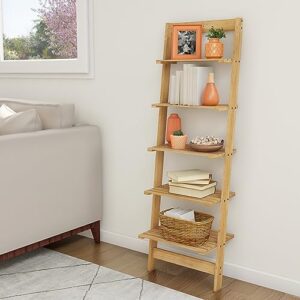 5-tier ladder shelf - wooden narrow leaning book shelf for bedroom, living room, or kitchen shelving - boho home decor by lavish home (oak)