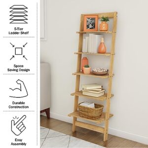 5-Tier Ladder Shelf - Wooden Narrow Leaning Book Shelf for Bedroom, Living Room, or Kitchen Shelving - Boho Home Decor by Lavish Home (Oak)