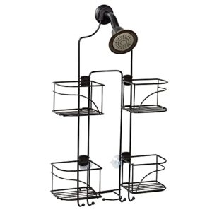 Zenna Home Hanging Shower Caddy, Over the Shower Head Bathroom Storage, Made for Handheld Shower Hoses, Rust Resistant, No Drilling, Expandable Organizer with 4 Baskets, Razor Holders, Hooks, Bronze