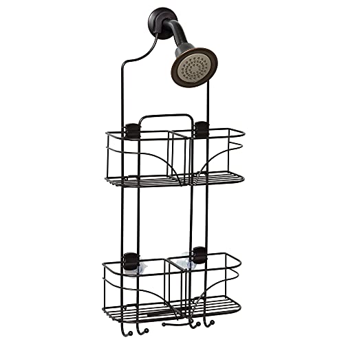 Zenna Home Hanging Shower Caddy, Over the Shower Head Bathroom Storage, Made for Handheld Shower Hoses, Rust Resistant, No Drilling, Expandable Organizer with 4 Baskets, Razor Holders, Hooks, Bronze