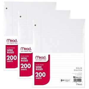 filler paper by mead, wide ruled, 200 sheets (15200), 3 pack (mea15200), white