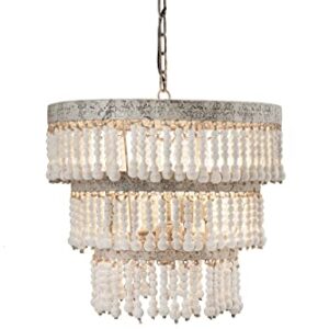 Creative Co-Op Metal & Wood Beaded Chandelier, 20.5" Round by 20" Height, Off- White