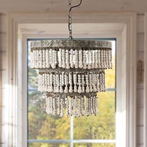 Creative Co-Op Metal & Wood Beaded Chandelier, 20.5" Round by 20" Height, Off- White