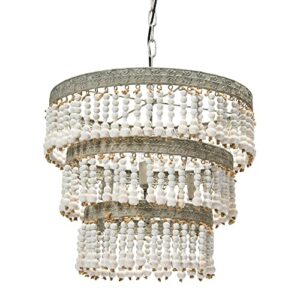 Creative Co-Op Metal & Wood Beaded Chandelier, 20.5" Round by 20" Height, Off- White