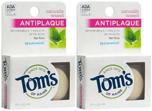 Tom's of Maine Natural Waxed Antiplaque Flat Floss, Spearmint, 32-Yards, Pack of 2