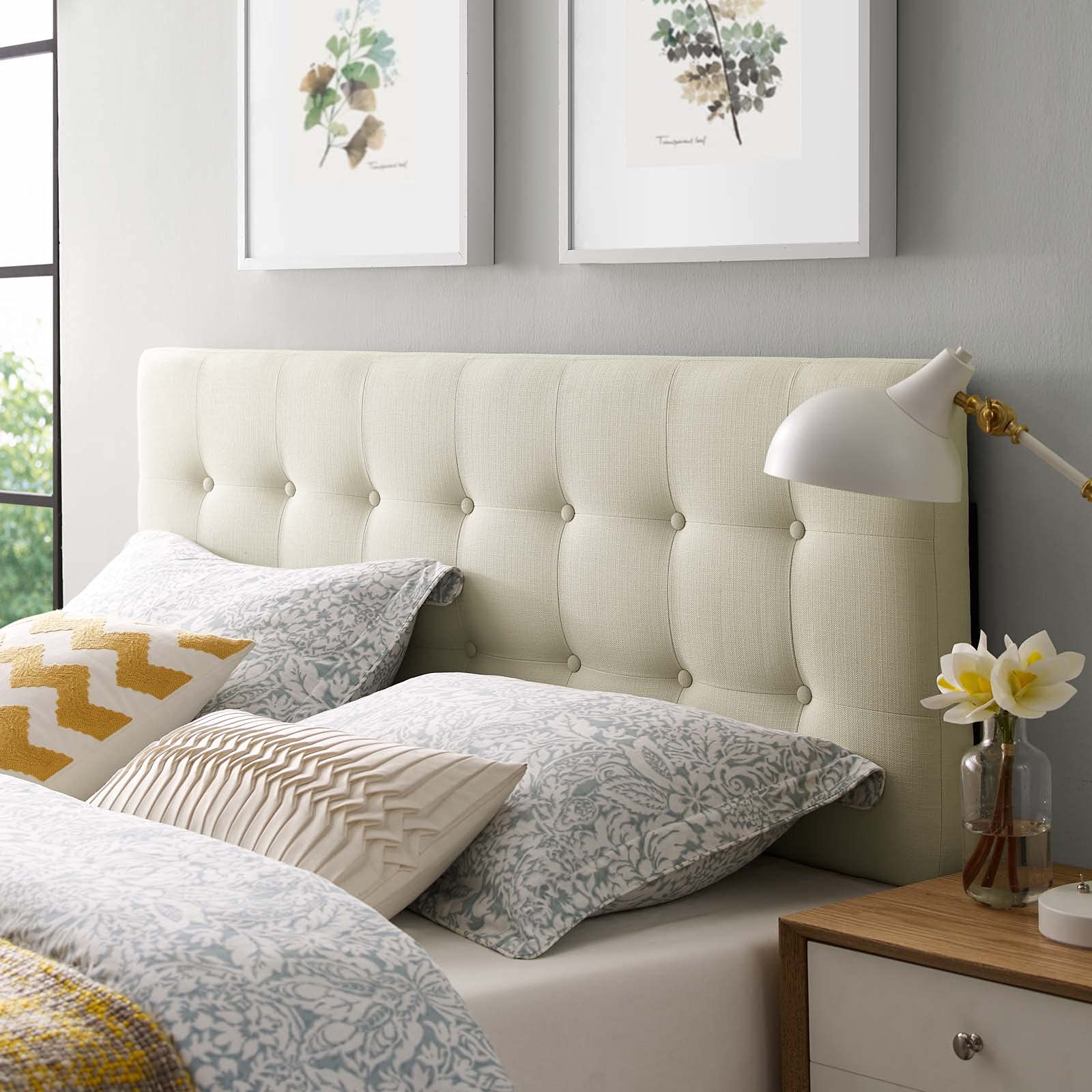 Modway Emily Tufted Button Linen Fabric Upholstered Queen Headboard in Ivory