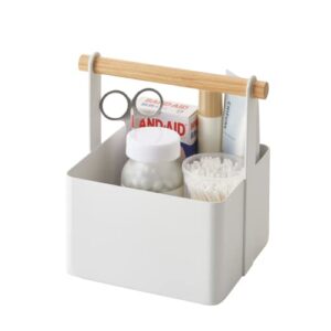 yamazaki home tosca storage basket - wood handle organizer - small - steel + wood