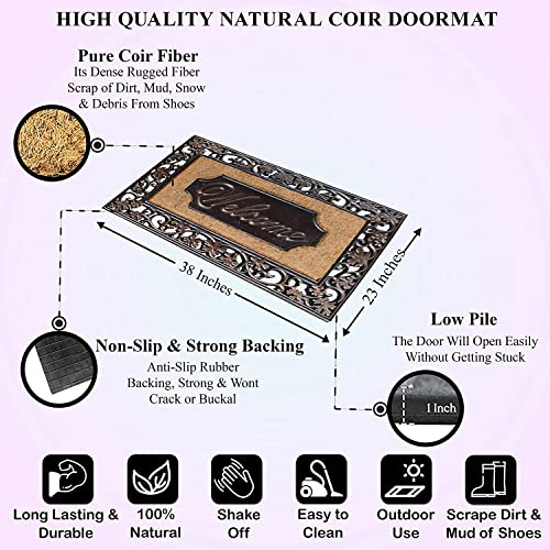 A1HC Natural Coir and Rubber Door Mat, 38x23, Thick Durable Doormats for Indoor Outdoor Entrance, Heavy Duty, Thin Profile Door Mat, Easy to Clean, Long Lasting, Front Door Entry Doormat