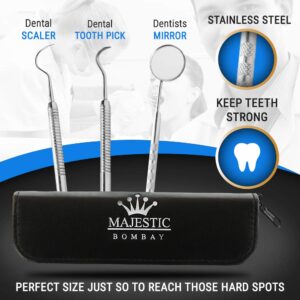 Dental Hygiene Tool Kit - Includes Stainless Steel Tarter Scraper/Scaling Remover, Dental Toothpick, Mouth Mirror - by Majestic Bombay- Dentists Tools Set is Ideal for Personal Use & Pet Friendly