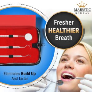 Dental Hygiene Tool Kit - Includes Stainless Steel Tarter Scraper/Scaling Remover, Dental Toothpick, Mouth Mirror - by Majestic Bombay- Dentists Tools Set is Ideal for Personal Use & Pet Friendly