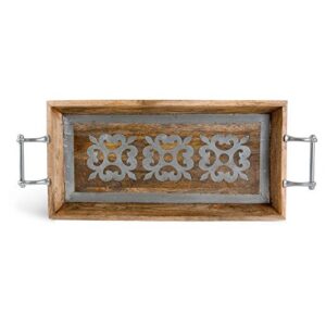 gg 30" wood tray with metal other decor, 29.2inl x 11.8inw x 3inh, light brown