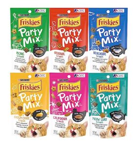 friskies party mix crunch variety pack (6 fun flavors 2.1 oz each) - picnic, beachside, cheezy craze, original, california dreamin', and meow luau