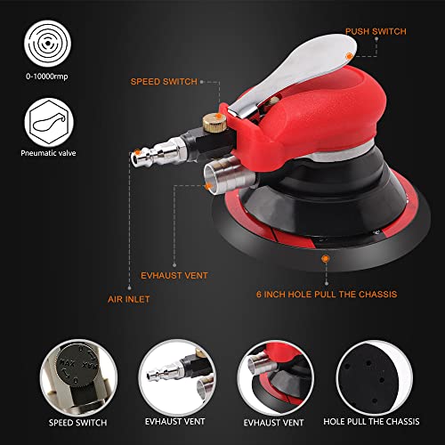 ZFE Random Orbital Sander 5" & 6" Pneumatic Palm Sander with Extra 5" Backing Plate, Sponge Polishing Pads, Sandpapers Low Vibration and Heavy Duty for Wood, Composites, Metal