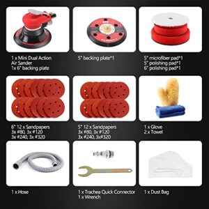 ZFE Random Orbital Sander 5" & 6" Pneumatic Palm Sander with Extra 5" Backing Plate, Sponge Polishing Pads, Sandpapers Low Vibration and Heavy Duty for Wood, Composites, Metal