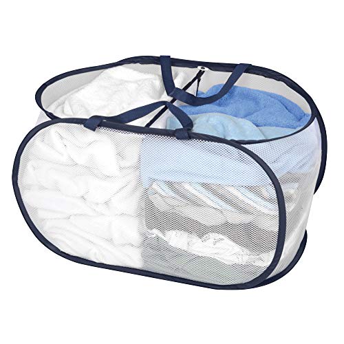 Smart Design Deluxe Mesh Pop Up 2 Compartment Laundry Sorter Hamper Basket - VentilAir Fabric Collapsible Design - for Clothes & Laundry - Home Organization (Holds 2 Loads) (23 x 15 Inch) [White]