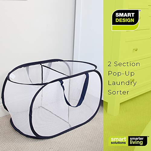 Smart Design Deluxe Mesh Pop Up 2 Compartment Laundry Sorter Hamper Basket - VentilAir Fabric Collapsible Design - for Clothes & Laundry - Home Organization (Holds 2 Loads) (23 x 15 Inch) [White]