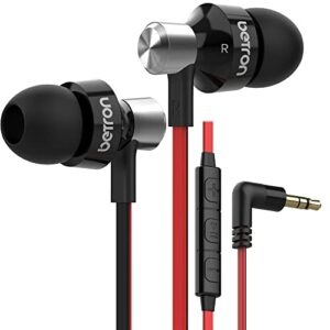 betron dc950 in ear headphones wired earphones noise isolating earbuds with microphone volume control tangle free cable hd bass lightweight case ear bud tips 3.5mm jack plug (black)