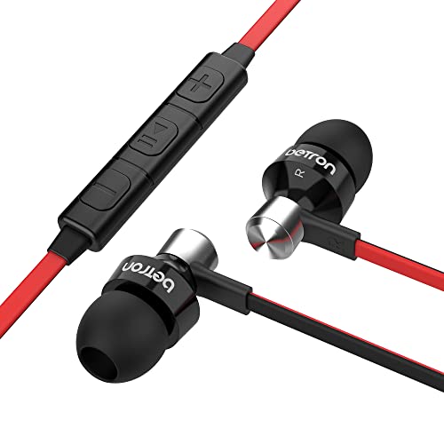 Betron DC950 in Ear Headphones Wired Earphones Noise Isolating Earbuds with Microphone Volume Control Tangle Free Cable HD Bass Lightweight Case Ear Bud Tips 3.5mm Jack Plug (Black)