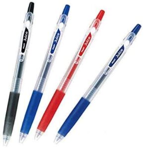 pilot juice retractable premium gel ink roller ball pens, ultra fine point 0.38mm, black, blue, red and blue black ink, each 1 pen- value set of 4
