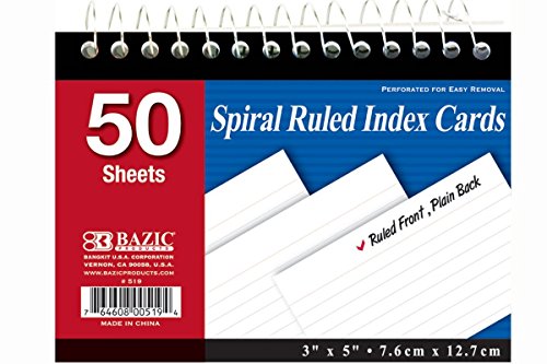 Bazic Spiral Ruled Index Cards, 3 x 5 Inches, 50 White Sheets, (3 Pack), (519)