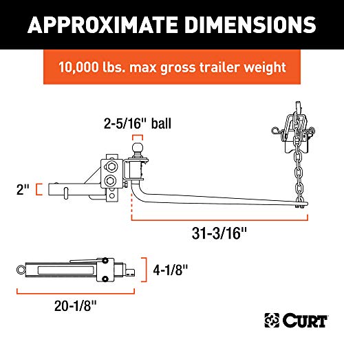 CURT 17062 Round Bar Weight Distribution Hitch with Integrated Lubrication and Sway Control, Up to 10K, 2-in Shank, 2-5/16-Inch Ball, Black