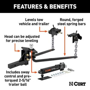 CURT 17063 Round Bar Weight Distribution Hitch with Integrated Lubrication and Sway Control, Up to 14K, 2-In Shank, 2-5/16-Inch Ball , Black