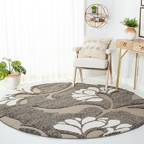 SAFAVIEH Florida Shag Collection 5' Round Smoke / Beige SG459 Floral Non-Shedding Living Room Bedroom Dining Room Entryway Plush 1.2-inch Thick Area Rug