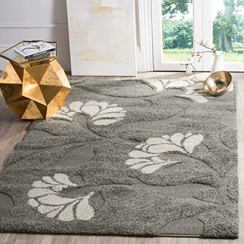 SAFAVIEH Florida Shag Collection 5' Round Smoke / Beige SG459 Floral Non-Shedding Living Room Bedroom Dining Room Entryway Plush 1.2-inch Thick Area Rug