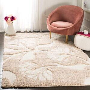 SAFAVIEH Florida Shag Collection 5' Round Smoke / Beige SG459 Floral Non-Shedding Living Room Bedroom Dining Room Entryway Plush 1.2-inch Thick Area Rug