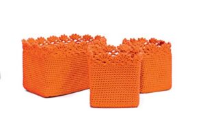 heritage lace mode crochet rectangle baskets with crochet edge, orange, set of 3