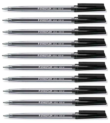 Staedtler Medium 0.5mm Black 430 Stick Ballpoint Pens Writing Pen Smooth Effortless Ink Flow Regulated (Pack of 10) Supplied Loose