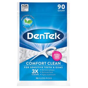 dentek comfort clean floss picks for sensitive teeth, soft and silky ribbon, 90 count each (pack of 2)