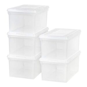 iris usa letter/legal file tote box, 5 pack, bpa-free plastic storage bin tote organizer with durable and secure hinged latching lid, stackable and nestable, clear