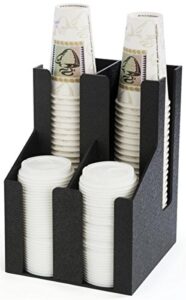 coffee cup and lid holder and dispenser, 4 compartments, table or wall mount (black abs plastic)