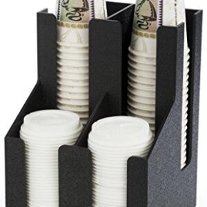 Coffee Cup and Lid Holder and Dispenser, 4 Compartments, Table or Wall Mount (Black ABS Plastic)