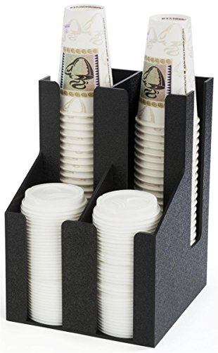 Coffee Cup and Lid Holder and Dispenser, 4 Compartments, Table or Wall Mount (Black ABS Plastic)