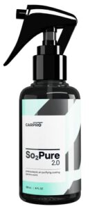 carpro so2pure 2.0 odor eliminator - neutralize odors, cigarette smoke, exhaust, chemical smell or vocs, even pet smells from car fabric & plastic, use on any surface, anywhere - 120ml (4oz)